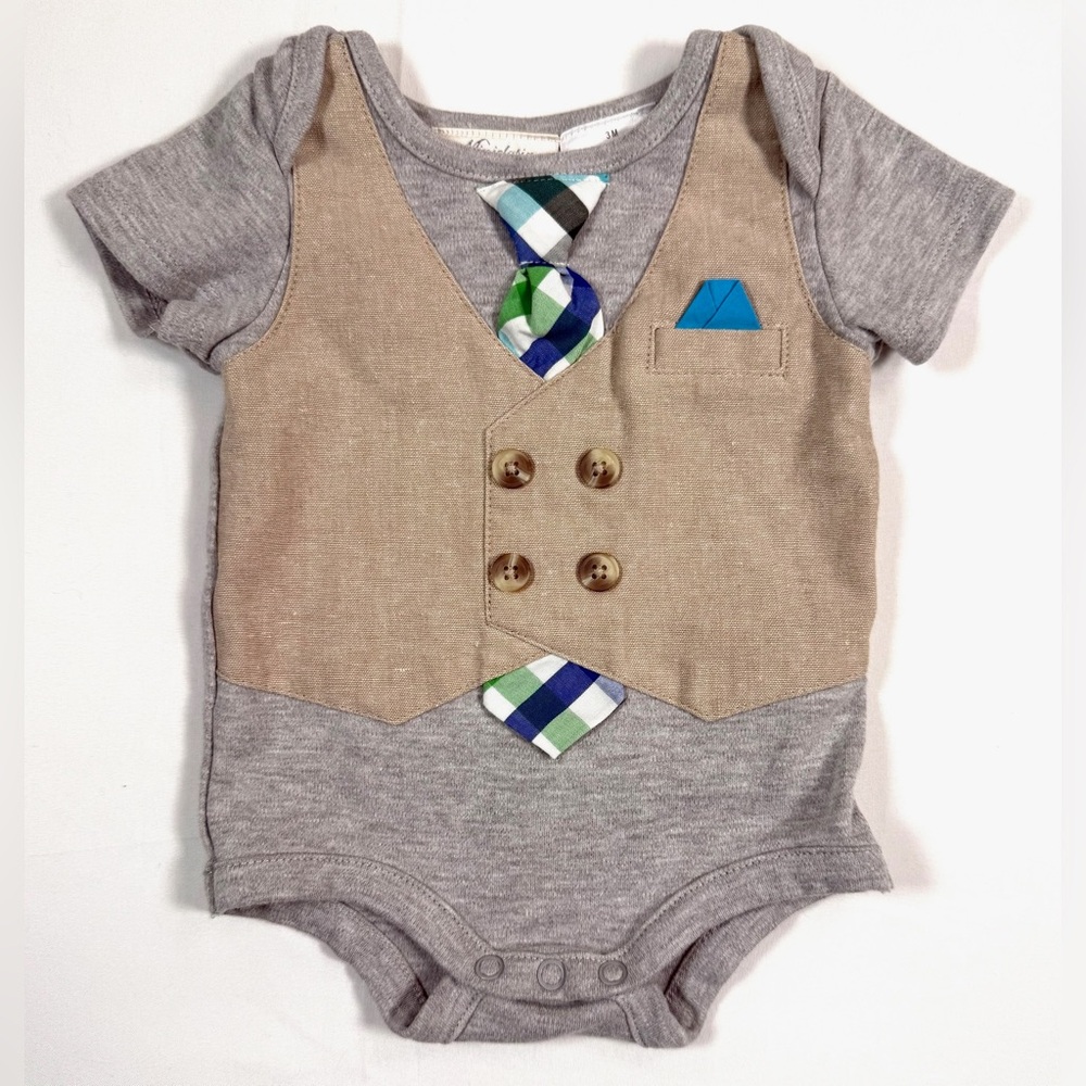 MINICLASIX Baby Boys Mock Vest Tie Bodysuit 3M Gray Tan‎ Dressy Outfit